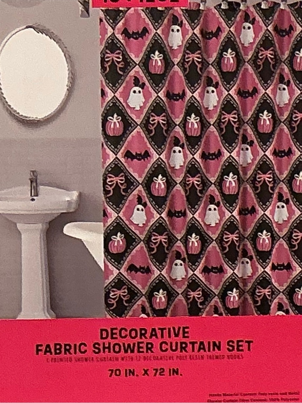 BOO PORIUM Black & Pink Ghost & Pumpkins Shower Curtain Set with Ghost Hooks